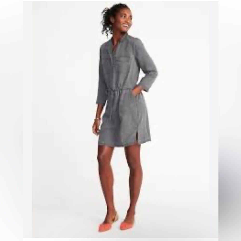 Old Navy Women's Army Green Button Front Shirt Dress Drawstring Waist Size Large
